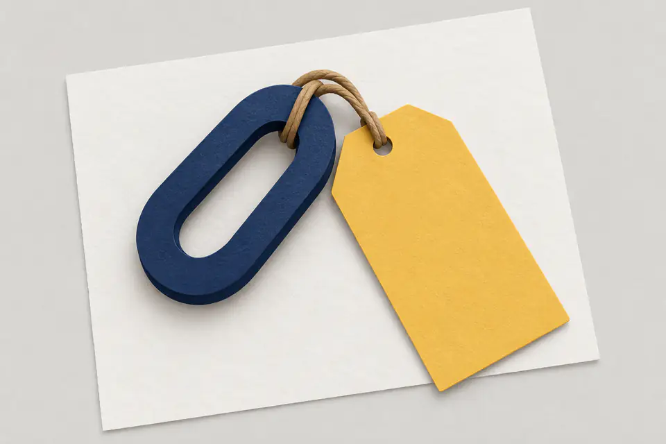 Cut-paper illustration of a blank yellow paper tag tied with string to a navy chain link, the tag hanging right beside the link on a blank sheet of paper.
